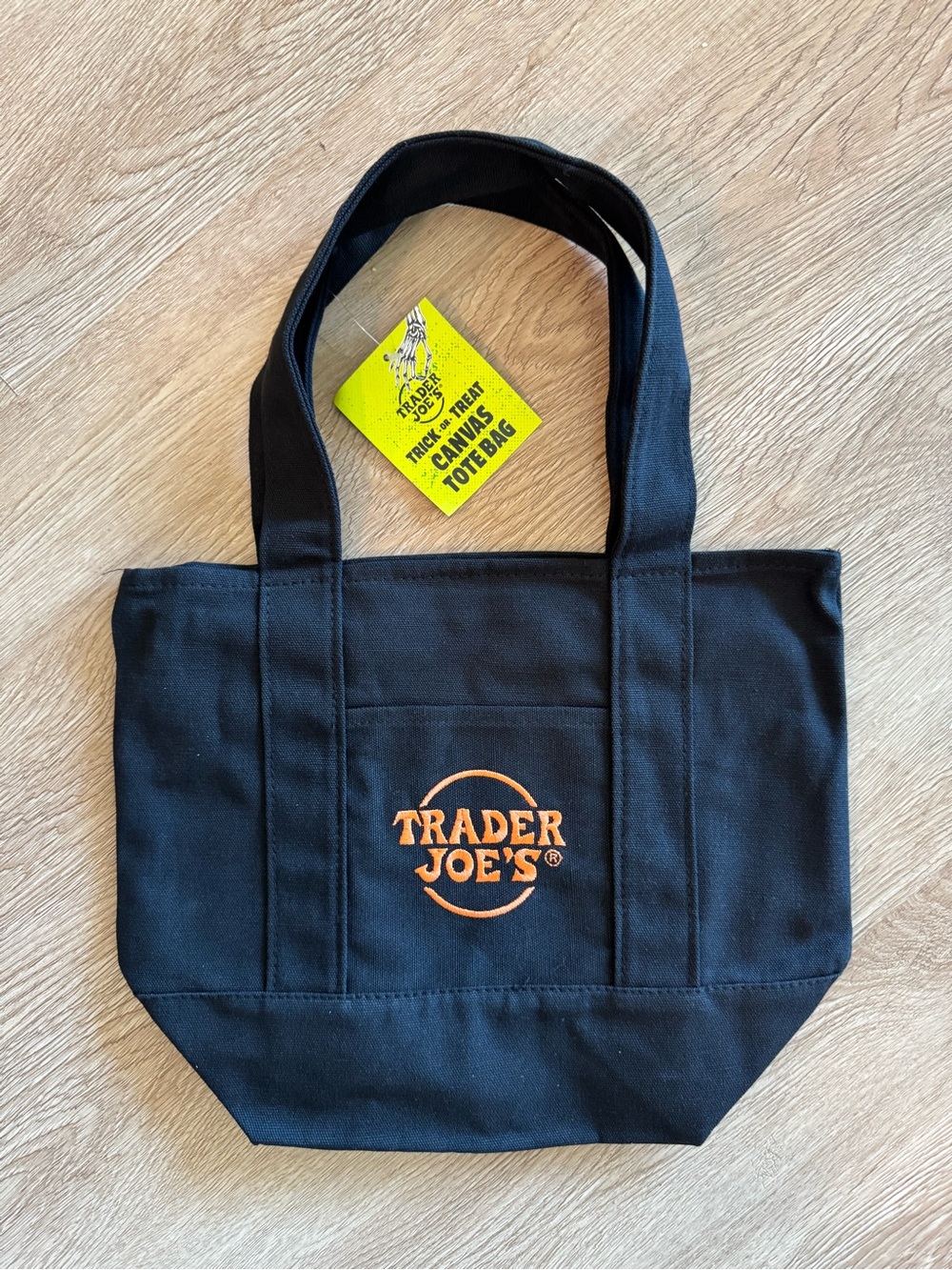 Trader Joe's 2026 Halloween mini Black Canvas Tote with Orange Logo